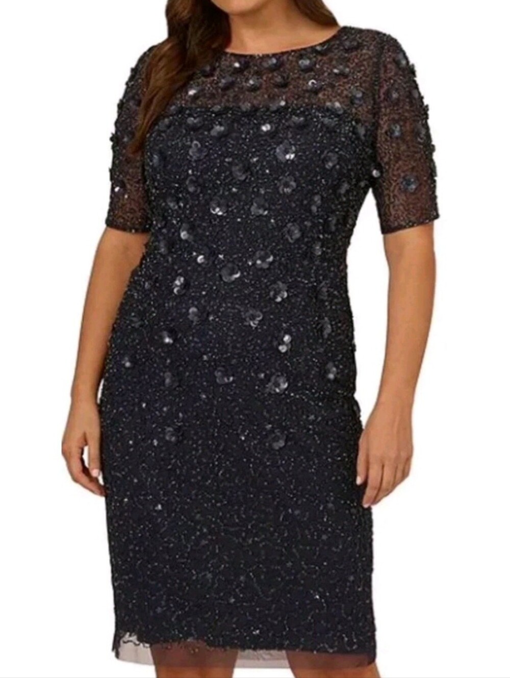 ADRIANNA PAPELL Navy Embellished Beaded Sequin Sheer Yoke Cocktail Dress